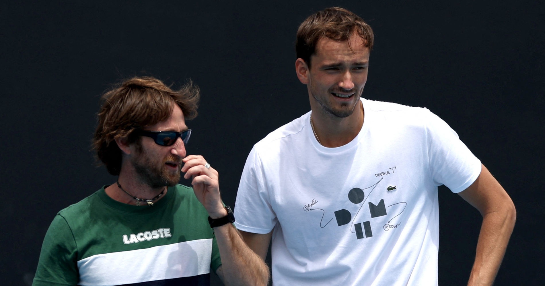 Daniil Medvedev during a practice session with coach Gilles Cervara at the 2023 Australian Open