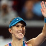 Switzerland's Belinda Bencic celebrates winning during her second round match at the 2023 Australian Open