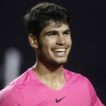 Spain's Carlos Alcaraz during his round of 16 match against Italy's Fabio Fognini at the 2023 Rio Open