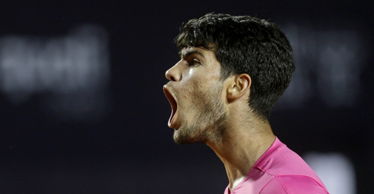 Spain's Carlos Alcaraz reacts during his quarter final match against Serbia's Dusan Lajovic at the ATP Rio Open