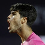Spain's Carlos Alcaraz reacts during his quarter final match against Serbia's Dusan Lajovic at the ATP Rio Open