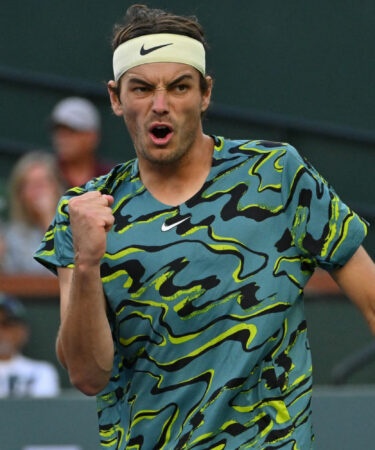 Taylor Fritz (USA) celebrates after defeating Ben Shelton (USA) in their second round match in the 2023 BNP Paribas Open