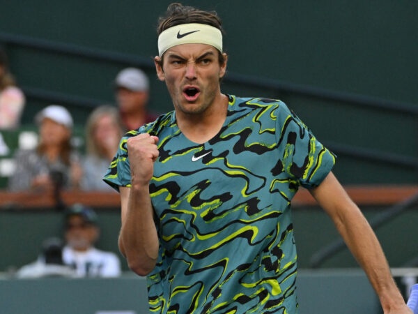 Taylor Fritz (USA) celebrates after defeating Ben Shelton (USA) in their second round match in the 2023 BNP Paribas Open
