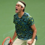 Taylor Fritz (USA) celebrates at match point in the fourth round of BNP Paribas Open at the Indian Wells Tennis Garden.