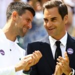 Novak Djokovic et Roger Federer lors de la cérémonie du centenaire du Centre Court - Wimbledon 2022