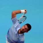 Novak Djokovic hitting a serve in Tel Aviv in 2022