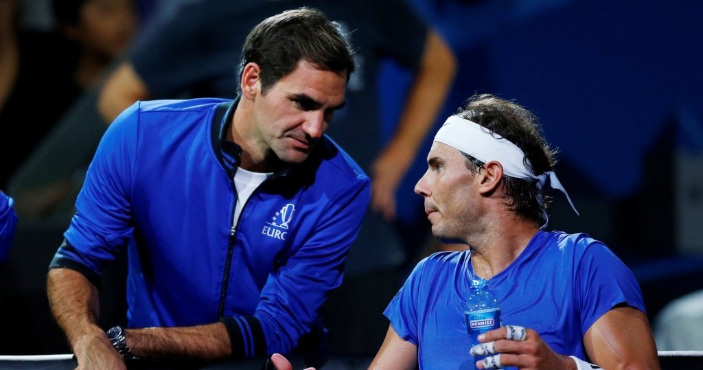 Roger Federer coaching Rafael Nadal during the Laver Cup in 2019