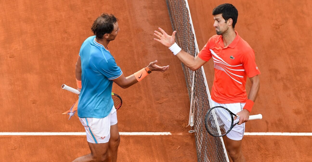 Novak Djokovic and Rafael Nadal at the end of the 2019 Rome Masters 1000 final.