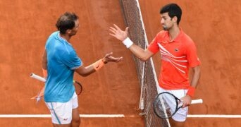 Novak Djokovic and Rafael Nadal at the end of the 2019 Rome Masters 1000 final.