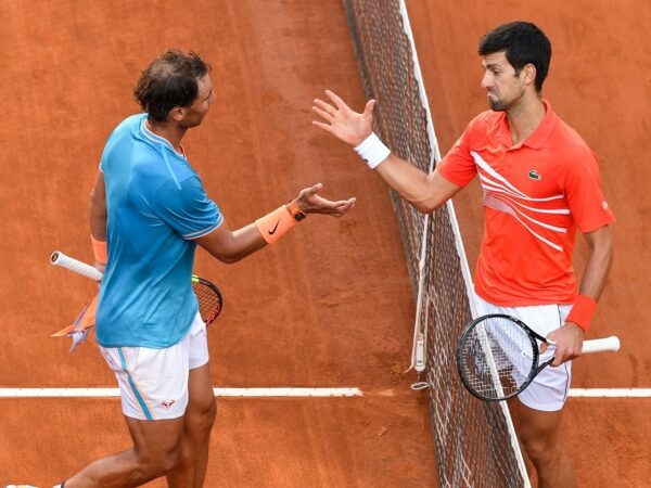 Novak Djokovic and Rafael Nadal at the end of the 2019 Rome Masters 1000 final.