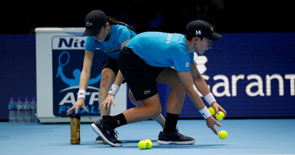 14th November 2017, O2 Arena, London, England; Nitto ATP Tennis Finals; Ball kids prepare new sets ball for the match