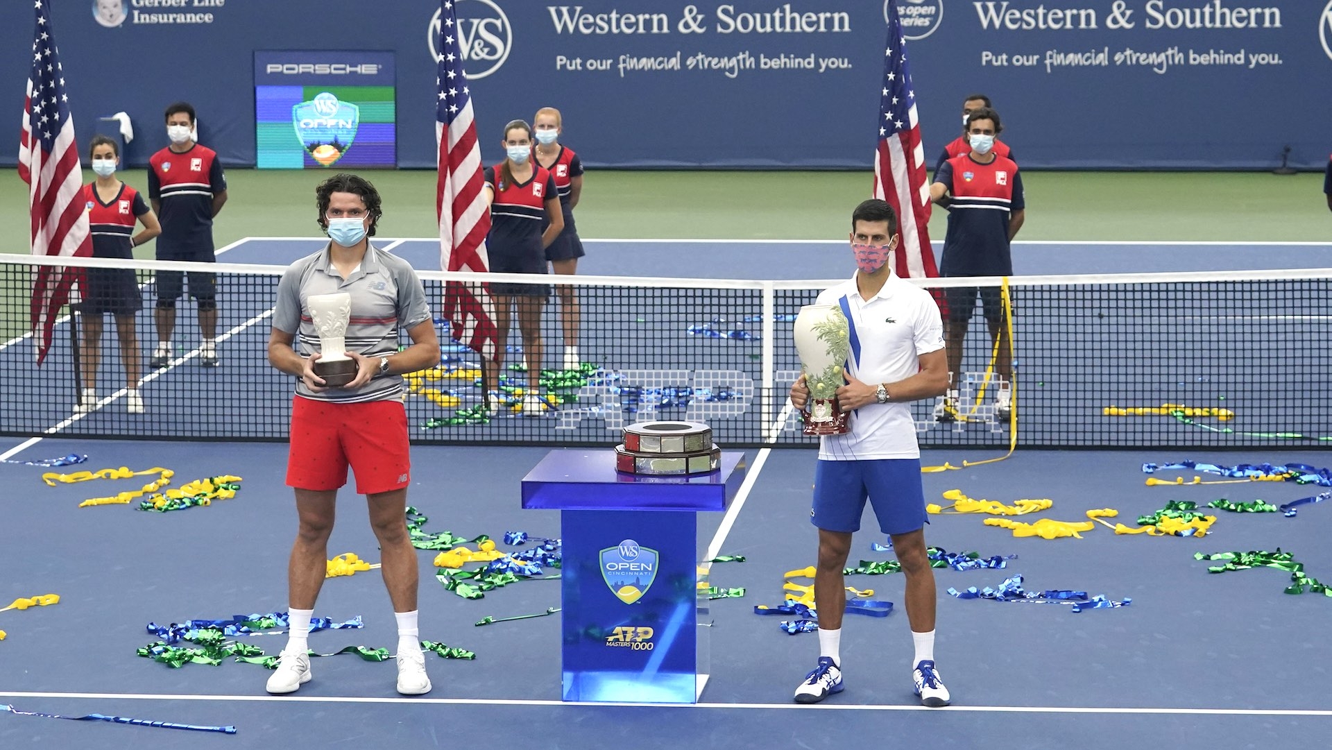 Milos Raonic and Novak Djokovic after 2020 Southern and Western final, New York, August 2020