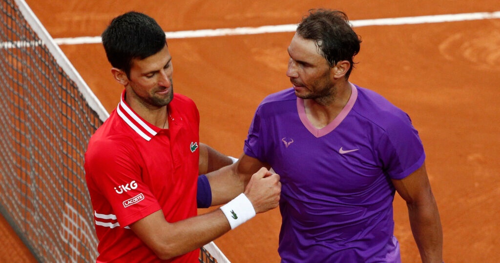 Spain's Rafael Nadal shakes hands with Serbia's Novak Djokovic