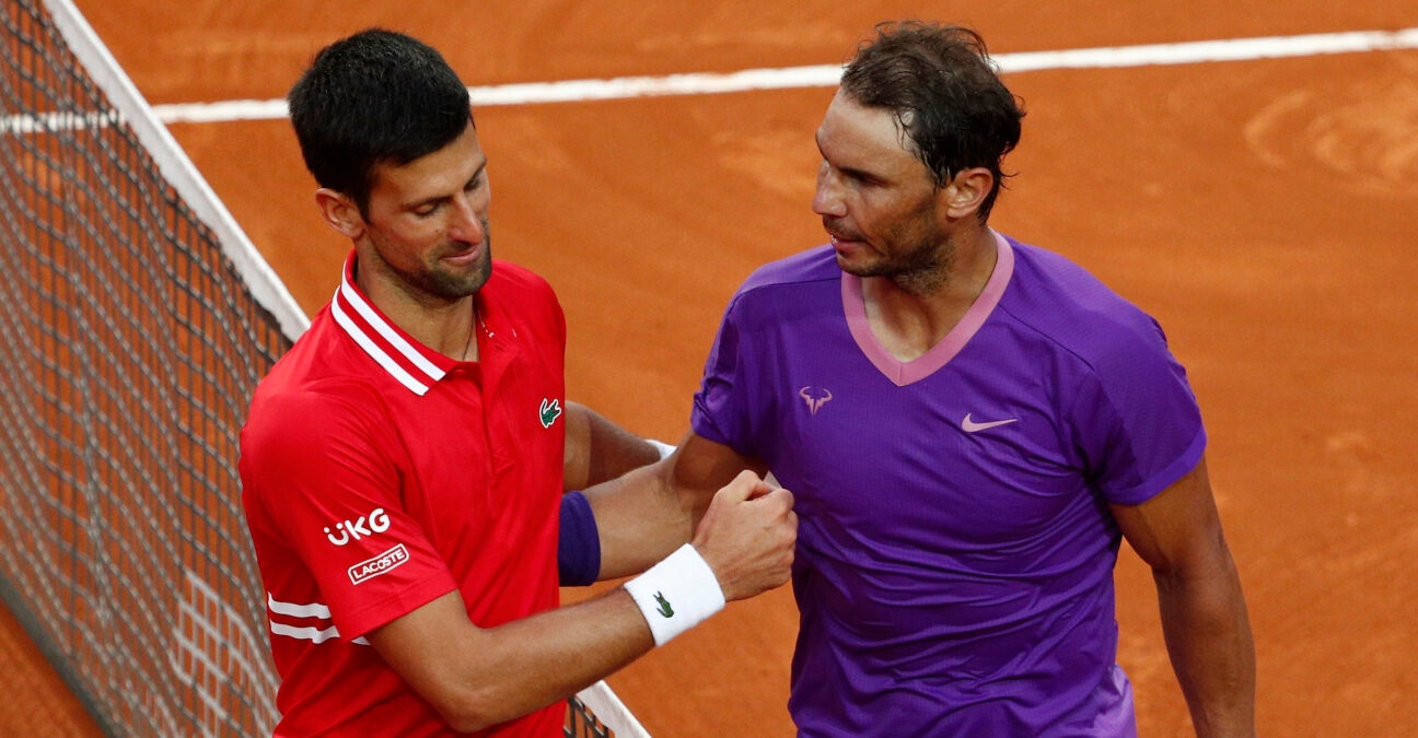 Spain's Rafael Nadal shakes hands with Serbia's Novak Djokovic