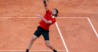 Stefanos Tsitsipas in action during his third round match against Italy's Matteo Berrettini