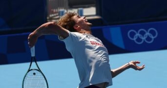 Ariake Tennis Park, Tokyo, Japan - July 22, 2021 Alexander Zverev of Germany during training.