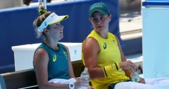 Ariake Tennis Park, Tokyo, Japan - July 22, 2021 Ashleigh Barty of Australia and Storm Sanders of Australia