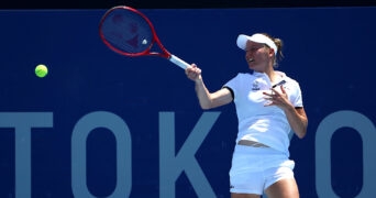 Fiona Ferro in action during her first round match against Anastasija Sevastova