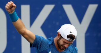 Ariake Tennis Park - Tokyo, Japan - July 29, 2021 Karen Khachanov of the Russian Olympic Committee celebrates at the Tokyo Olympics