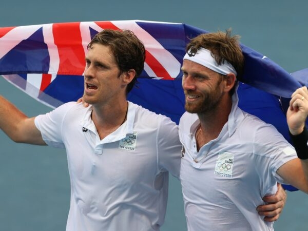 Ariake Tennis Park - Tokyo, Japan - July 30, 2021. Marcus Daniell of New Zealand and Michael Venus of New Zealand celebrate after winning their bronze medal match