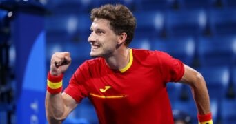 Ariake Tennis Park - Tokyo, Japan - July 29, 2021 Pablo Carreno Busta of Spain in action at the Tokyo Olympics