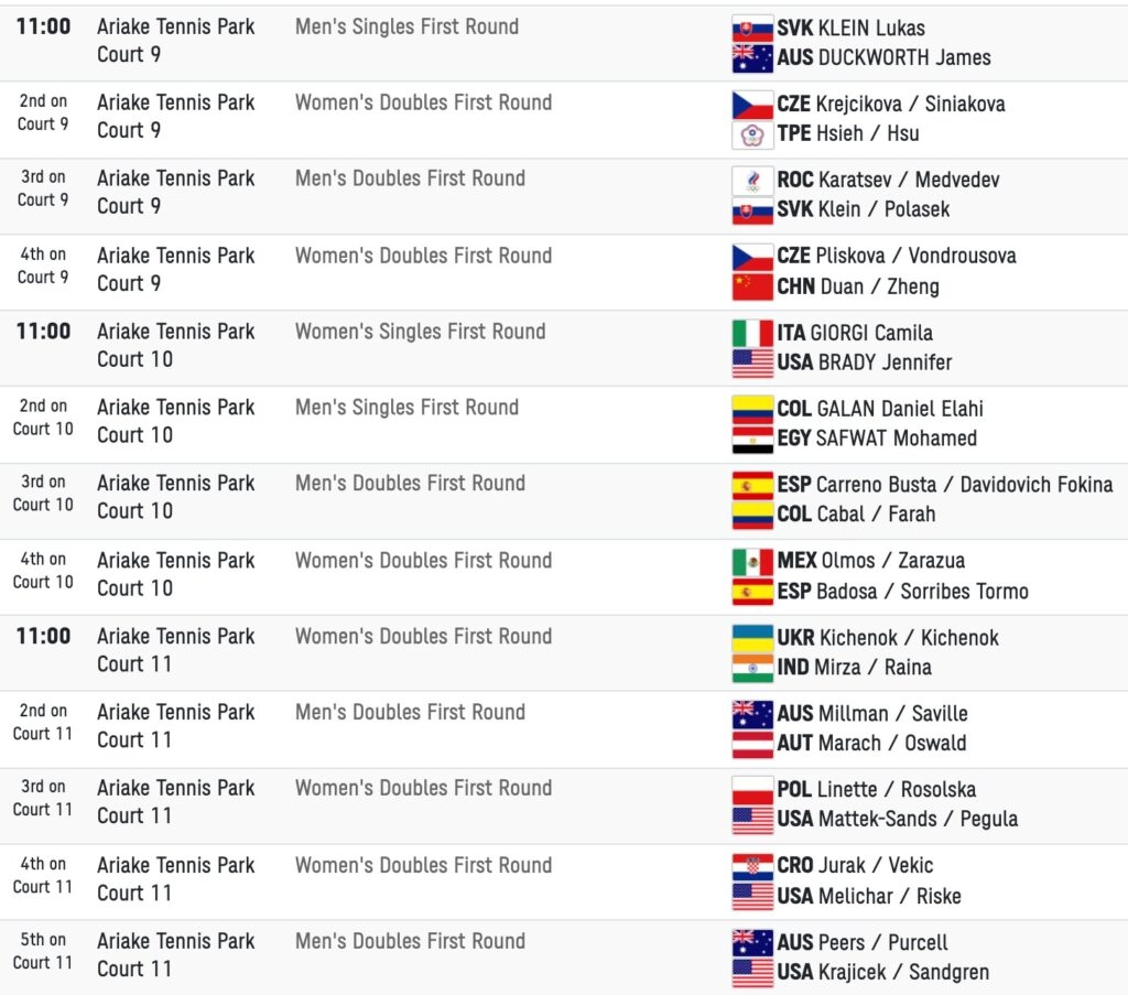 Tokyo Olympics, Order of Play, Day 2