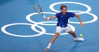 Ariake Tennis Park - Tokyo, Japan - July 25, 2021. Stefanos Tsitsipas of Greece in action