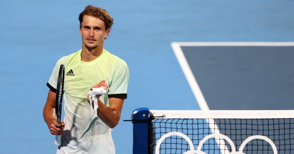  Ariake Tennis Park - Tokyo, Japan - July 29, 2021 Alexander Zverev of Germany celebrates after winning his quarterfinal match against Jeremy Chardy of France 