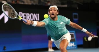 Melbourne Park, Melbourne, Australia, February 6, 2021 Italy's Matteo Berrettini in action during his semi final match against Spain's Roberto Bautista Agut