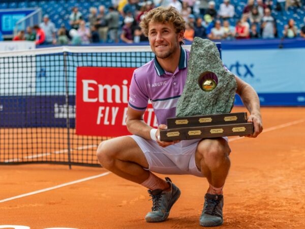 Casper Ruud of Norway receives during the award ceremony, the trophy at the Gstaad Swiss Open ATP Tour 250 Series 2021 tournament