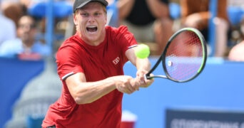 August 6, 2021, Washington, D.C, U.S: JENSON BROOKSBY hits a BACKHAND during his match against John Millman at the Rock Creek Tennis Center.