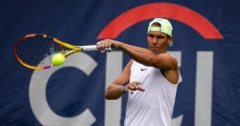 Washington, DC, USA; Rafael Nadal of Spain hits a forehand during a practice session at the Citi Open at Rock Creek Park Tennis Center