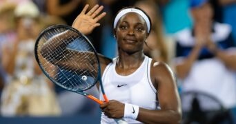 Sloane Stephens of the United States celebrates winning her second-round match at the 2019 Western & Southern Open WTA Premier Tennis 5 Tournament against Yulia Putintseva of Kazakhstan