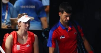 Tokyo 2020 Olympics - Nina Stojanovic of Serbia and Novak Djokovic of Serbia arrive ahead of their semifinal match