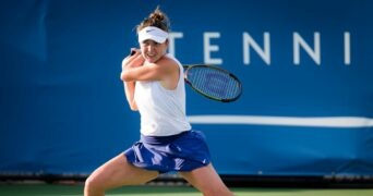 Elina Svitolina of the Ukraine in action at the 2021 WTA Chicago Womens Open WTA 250 tennis tournament