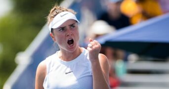 Elina Svitolina of Ukraine in action during her second round match at the 2021 WTA Chicago Womens Open WTA 250 tennis tournament against Fiona Ferro of France