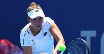 Caption: Tokyo 2020 Olympics - Tennis - Women's Singles - Round 1 - Ariake Tennis Park - Tokyo, Japan - July 25, 2021. Elise Mertens of Belgium in action