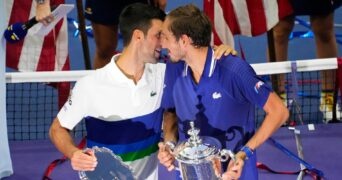 Novak Djokovic & Daniil Medvedev after the 2021 US Open Final