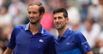 Danill Medvedev of Russia and Novak Djokovic of Serbia pose for a photo together before the men's singles final on day fourteen of the 2021 U.S. Open tennis tournament at USTA Billie Jean King National Tennis Center.