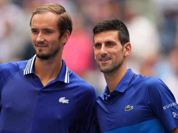 Danill Medvedev of Russia and Novak Djokovic of Serbia pose for a photo together before the men's singles final on day fourteen of the 2021 U.S. Open tennis tournament at USTA Billie Jean King National Tennis Center.