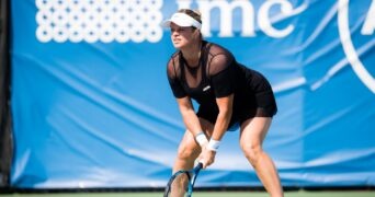 CHICAGO, UNITED STATES, SEPTEMBER 27: Kim Clijsters of Belgium in action during the first round of the 2021 Chicago Fall Tennis Classic WTA 500 tennis tournament