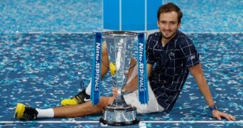 ATP Finals - The O2, London, Britain - November 22, 2020 Russia's Daniil Medvedev celebrates with the trophy after winning the final match against Austria's Dominic Thiem