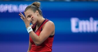 Aryna Sabalenka at the 2021 U.S. Open tennis tournament at USTA Billie Jean King National Tennis Center.