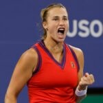 Arnya Sabalenka of Belarus reacts after winning a point against Danielle Collins of the United States (not pictured) on day five of the 2021 U.S. Open tennis tournament at USTA Billie Jean King National Tennis Center.