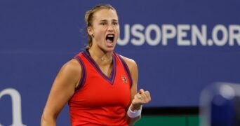 Arnya Sabalenka of Belarus reacts after winning a point against Danielle Collins of the United States (not pictured) on day five of the 2021 U.S. Open tennis tournament at USTA Billie Jean King National Tennis Center.