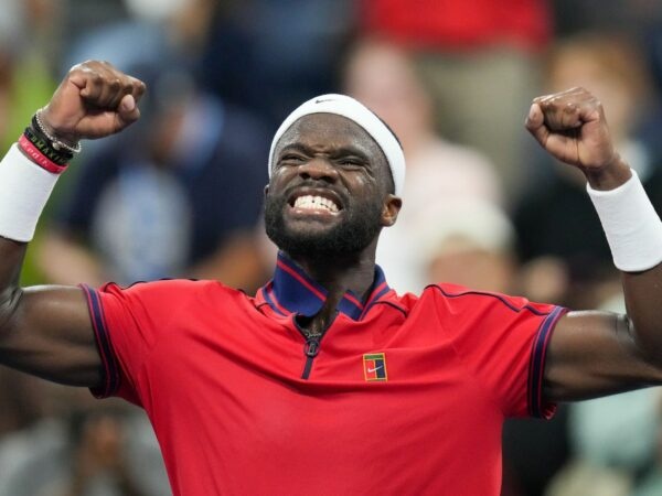 Frances Tiafoe of the United States at the 2021 U.S. Open tennis tournament at USTA Billie Jean King National Tennis Center.