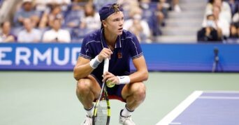 Holger Rune at the 2021 U.S. Open tennis tournament at USTA Billie Jean King National Tennis Center.