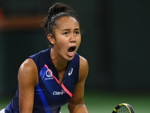 Leylah Fernandez (CAN) celebrates after defeating Anastasia Pavlyuchenkova (RUS) in the third set of her third round match in the BNP Paribas Open at the Indian Wells Tennis Garden.