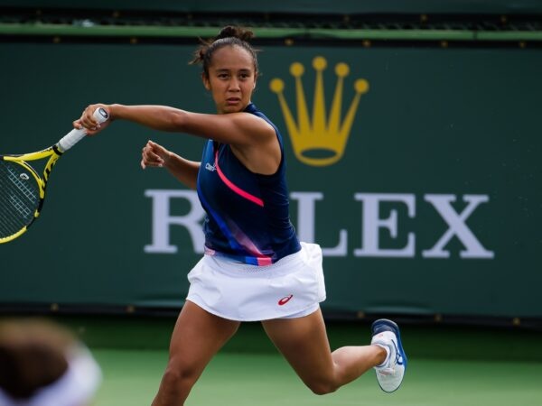 Leylah Fernandez of Canada playing doubles at the 2021 BNP Paribas Open WTA 1000 tennis tournament