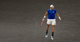 Matteo Berrettini of Team Europe leaps in celebration after winning match point against Team Worlds Felix Auger-Aliassime during the Laver Cup at TD Garden